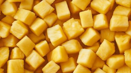 a close-up, top-down view of diced pineapples spread across the entire frame, filling the image with their bright yellow color and fibrous texture in uniform cubes