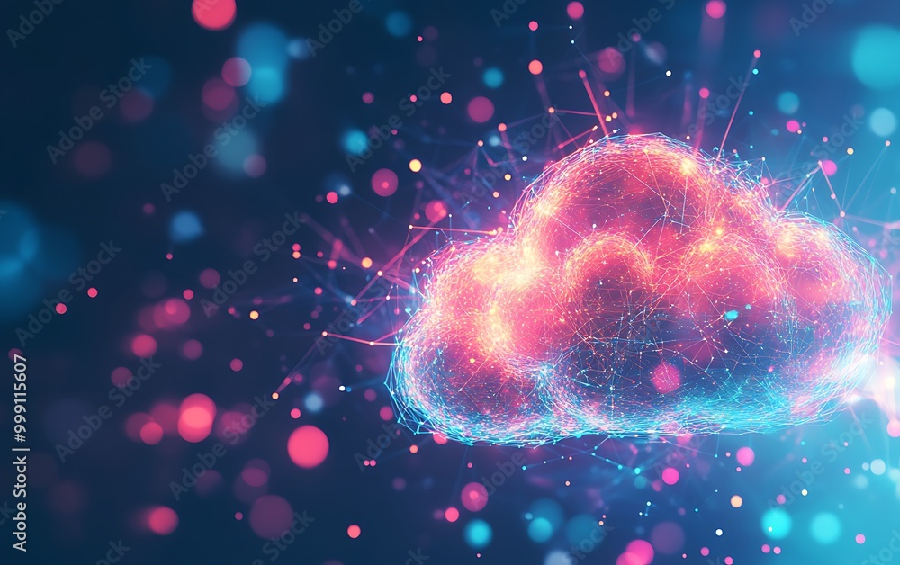 Poster abstract cloud computing representation with digital cloud connected to interconnected devices