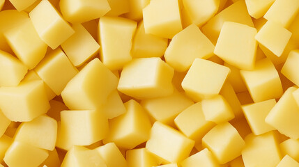 a close-up, top-down view of diced potatoes spread across the entire frame, filling the image with their pale yellow color and uniform cubes