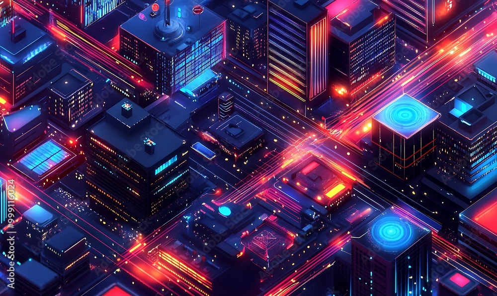 Poster futuristic smart city with glowing digital networks connecting buildings and infrastructure