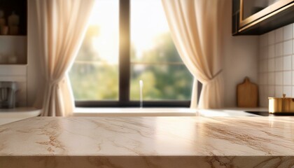 Fototapeta premium Beige marble table top on window background with curtains in kitchen. Concrete empty countertop for beauty products and food presentation. Stand with sunlight. room with window