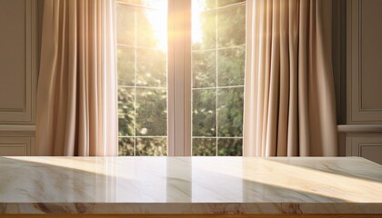 Fototapeta premium Beige marble table top on window background with curtains in kitchen. Concrete empty countertop for beauty products and food presentation. Stand with sunlight. room with window