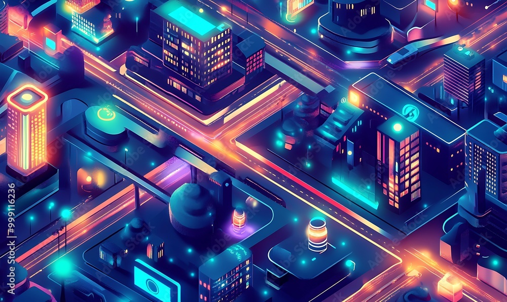 Aufkleber futuristic smart city with glowing digital networks connecting buildings and infrastructure
