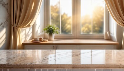 Beige marble table top on window background with curtains in kitchen. Concrete empty countertop for beauty products and food presentation. Stand with sunlight. room with window