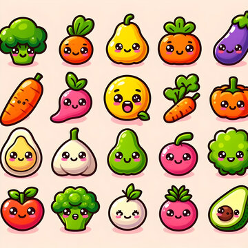 Cute Vegetables Icon Set. Vegetables Cartoon Emoji for Graphics Resources Flat Vector Design 