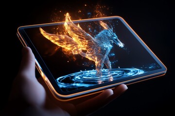 Fantasy AR book, where a reader holds up a tablet, and characters from the story come to life in 3D, interacting with the reader in a magical, immersive experience