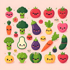 Cute Vegetables Icon Set. Vegetables Cartoon Emoji for Graphics Resources Flat Vector Design 