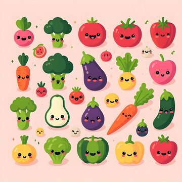 Cute Vegetables Icon Set. Vegetables Cartoon Emoji for Graphics Resources Flat Vector Design 