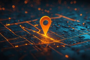 A large orange map pin highlights a specific location on a digital grid of streets during night navigation