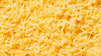 Obraz premium a close-up, top-down view of shredded cheese spread across the entire frame, filling the image with its rich yellow color and fine, delicate texture