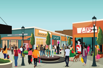 People Shopping at Outdoor Mall Vector Illustration