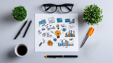 Strategic Goal Mind Map with Data Analytics and Planning Tools on Modern Desk