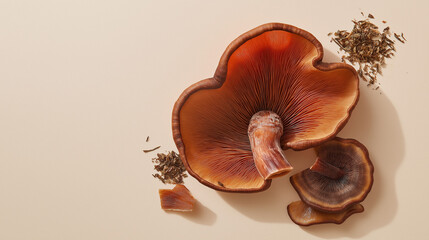 reishi mushrooms with a reishi mushroom blend tea bag with visible herb pieces against an isolated beige background