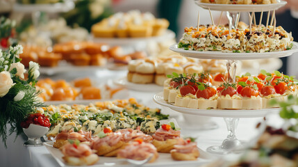 Pięknie udekorowany stół na przyjęciu z okazji urodzin lub świąt, pełen różnorodnych smakołyków.