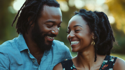 Czarnoskóra para w wieku trzydziestu lat, spędza czas na świeżym powietrzu, śmiejąc się i rozmawiając ze sobą.