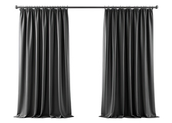 Two black long curtains hang from a silver rod against a white background