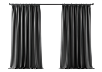 Two black long curtains hang from a silver rod against a white background
