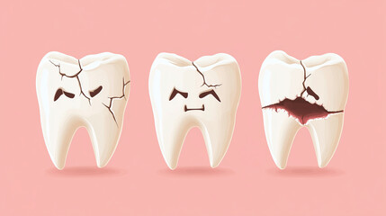 Różne rodzaje uszkodzeń zębów, w tym pęknięcia i złamania. Obraz ma na celu edukację pacjentów na temat możliwych chorób zębów.
