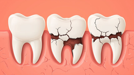 Różne rodzaje uszkodzeń zębów, w tym pęknięcia i złamania. Obraz ma na celu edukację pacjentów na temat możliwych chorób zębów.