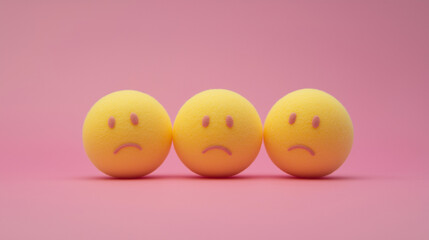 emotional, mood, apathy concept: three yellow balls with uninterested, blank faces arranged in a disjointed, slightly uneven pattern against an isolated soft pink background