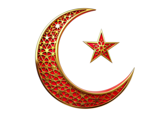 A crescent moon and star, both red with gold outlines and intricate patterns, are isolated against a white background