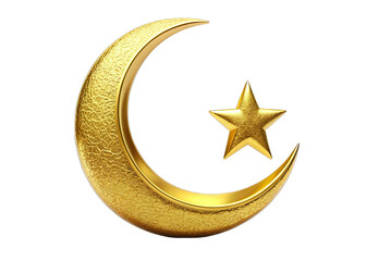 A golden crescent moon with a five-pointed star is isolated on a white background
