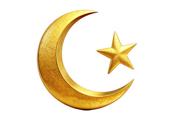 A gold crescent moon with a gold star positioned to its right against a white background