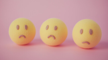 emotional, mood, confusion concept: three yellow balls with puzzled faces arranged in a slightly scattered, disoriented pattern against an isolated baby pink background