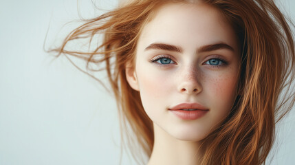 Młoda kobieta z długimi, falującymi włosami, które swobodnie opadają na ramiona. 