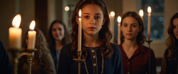 Candlelit Vigil: A young girl stands solemnly amidst a group of women, illuminated by flickering candlelight in a dimly lit room. The scene evokes a sense of mystery and quiet contemplation. 