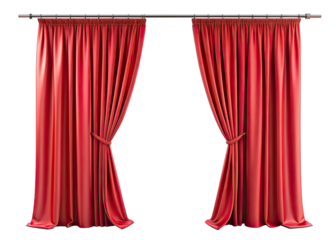 Two red long curtains are hanging from a metal rod. The curtains are tied back on each side, revealing a white background