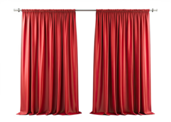 A pair of red velvet curtains hang from a silver curtain rod against a white background. The curtains are closed, creating a dramatic and elegant effect