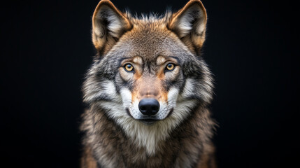 Dorosły wilk na czarnym tle, gdzie jego intensywne spojrzenie i mocna postura przyciągają uwagę. 
