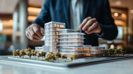 Architekt pokazujący szczegółowy model nowego kompleksu biurowego, symbolizujący rozwój i inwestycję w nieruchomości komercyjne. 