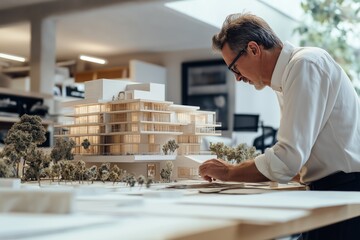 Architect examines detailed model of a modern building in a contemporary office setting