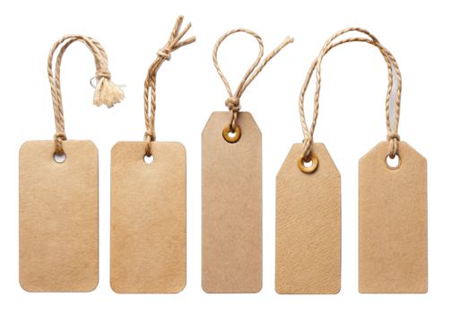 Five blank brown paper price tags with twine strings, isolated on a white background