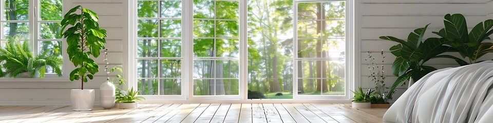 White wooden window with glass panes, modern country house, green trees outside, bedroom with plants.
