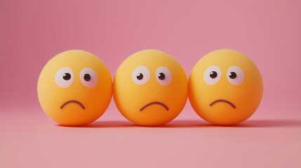 emotional, mood, fear concept: three yellow balls with wide, fearful eyes and frowning faces arranged in a huddled, nervous pattern against an isolated soft pink background