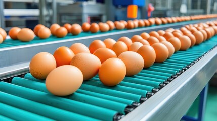 Efficient Egg Transportation on Conveyor Belt in Modern Factory with Copy Space, Food Production Line Concept