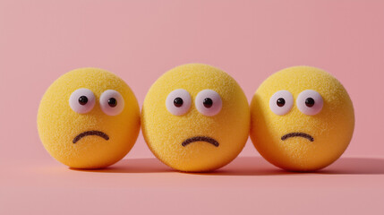 emotional, mood, fear concept: three yellow balls with wide, fearful eyes and frowning faces arranged in a huddled, nervous pattern against an isolated soft pink background