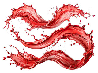 Three red liquid splashes form swirling, wave-like shapes against a white background