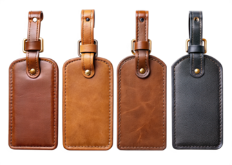 Four colorful genuine leather luggage tags on a white background, each with a unique style and a metal loop for attachment