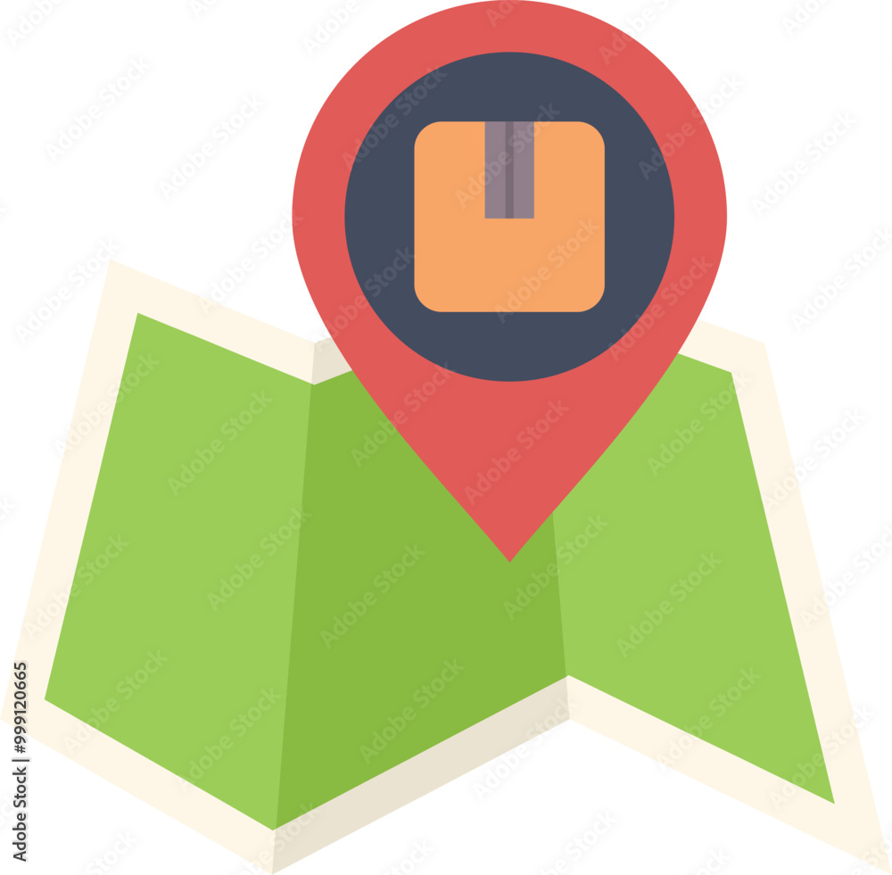 Poster location pin pointing on package on a map, symbolizing delivery tracking and shipment progress