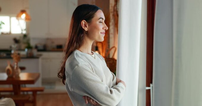 Thinking, window and woman in house, ideas and happiness with thoughts, solution and wonder in living room. Person, apartment and girl with choice, start day and morning with decision in lounge