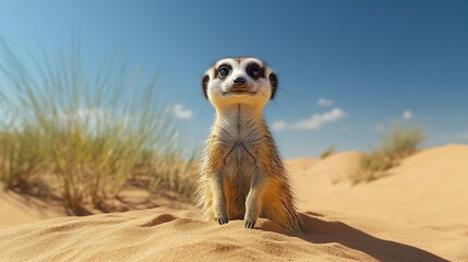 A meerkat stands proudly on a dune framed by open skies and desert flora