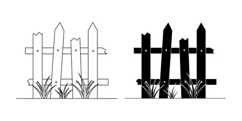 broken wooden fence with wild grass icon set isolated on white background