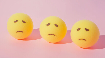emotional, mood, melancholy concept: three yellow balls with sad, downcast expressions arranged in a loose, slumped pattern against an isolated soft pink background