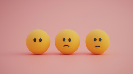 emotional, mood, nihilism concept: three yellow balls with blank, expressionless faces arranged in a flat, evenly spaced pattern against an isolated soft pink background