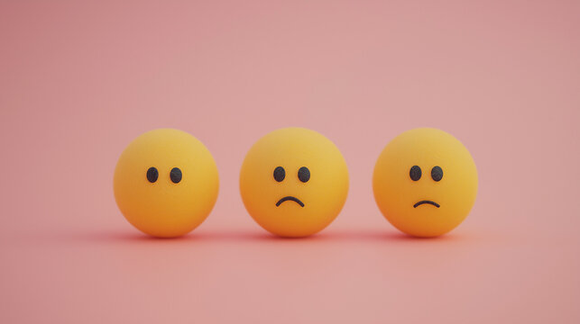 emotional, mood, nihilism concept: three yellow balls with blank, expressionless faces arranged in a flat, evenly spaced pattern against an isolated soft pink background