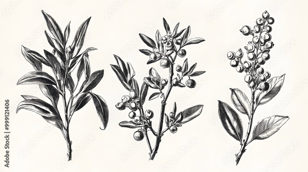 Canvas Prints Botany plants antique engraving illustration: Hippophae rhamnoides (sea buckthorn)
